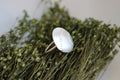 Silver ring with a textured pebble like design on a bed of green dried flowers.